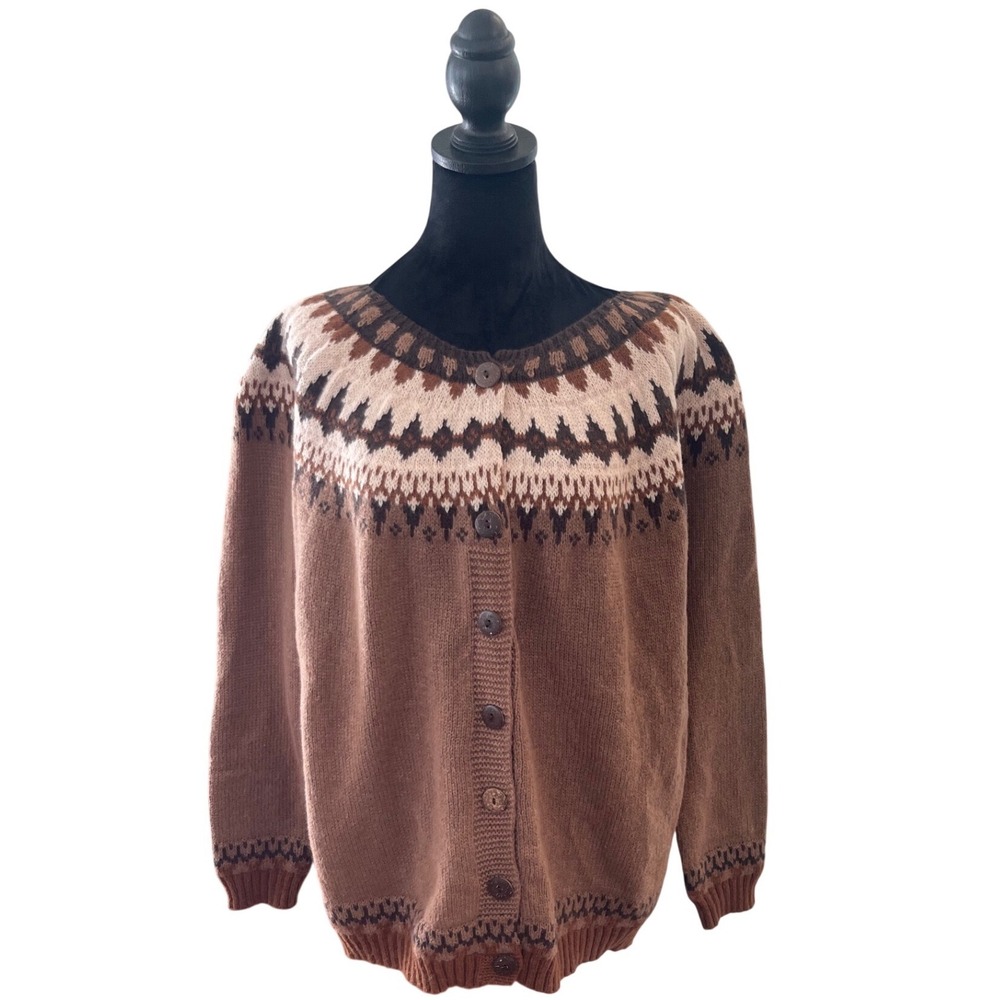 Womens Fair Isle Knit Cardigan Brown Tan Scoop Neck Button Front Sweater XL | 1X